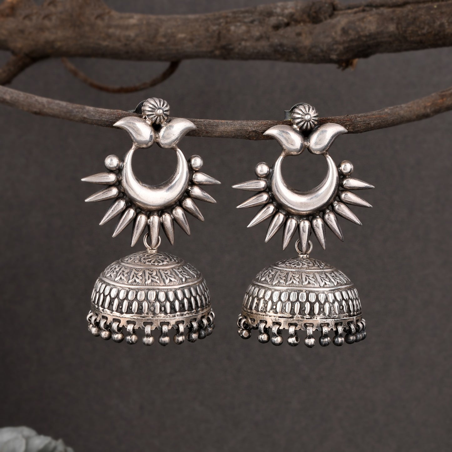 Silver Crescent Jhumka Earrings