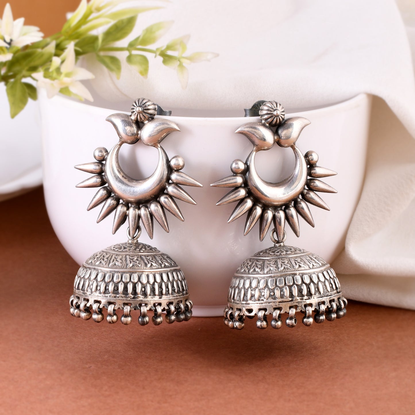 Silver Crescent Jhumka Earrings