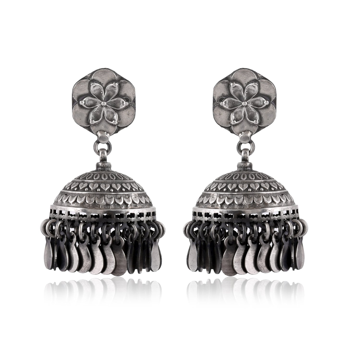 Silver Dazzling Lotus Flower Jhumka Earrings