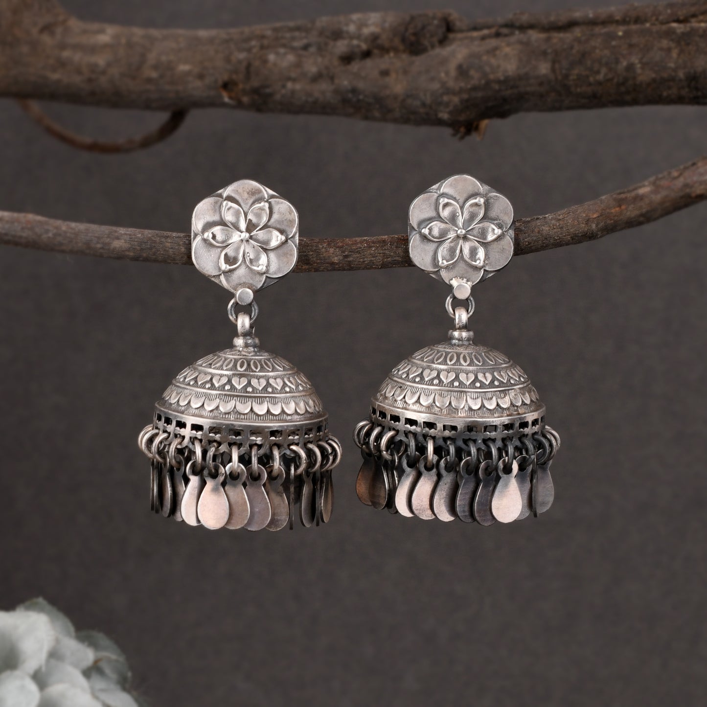 Silver Dazzling Lotus Flower Jhumka Earrings