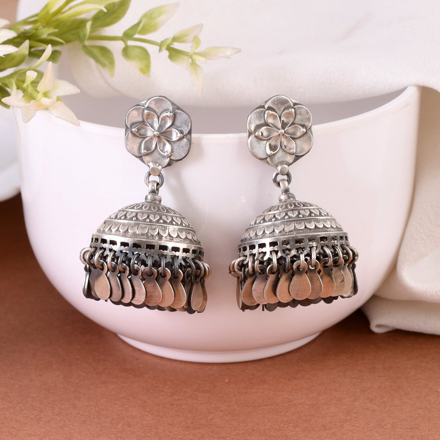 Silver Dazzling Lotus Flower Jhumka Earrings
