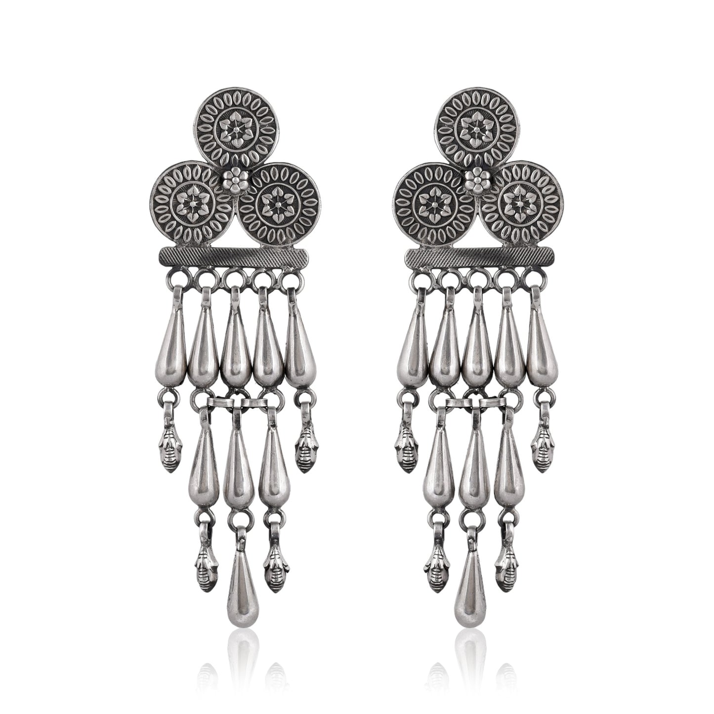 Silver Stacked Mandala Drop Chime Earrings