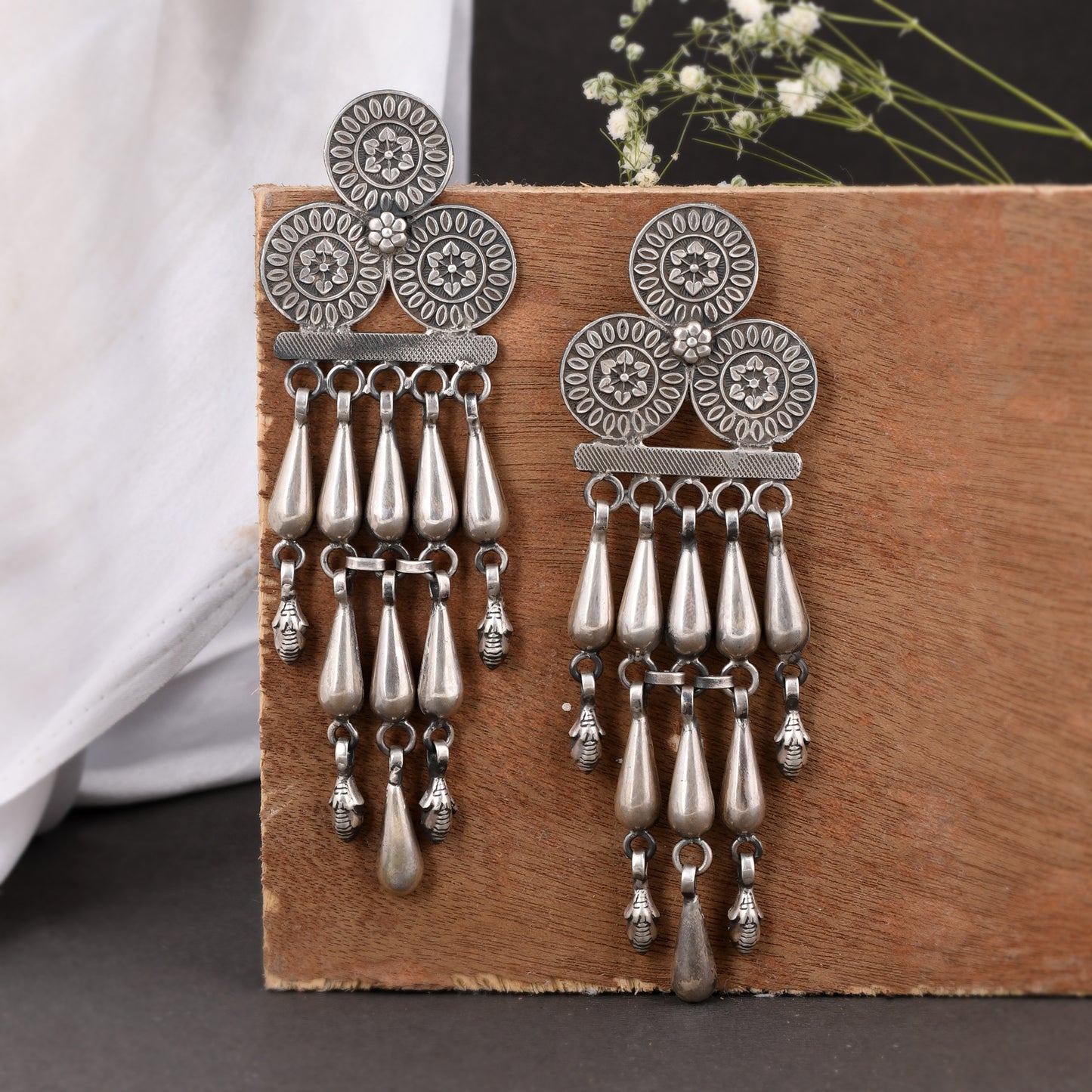 Silver Stacked Mandala Drop Chime Earrings