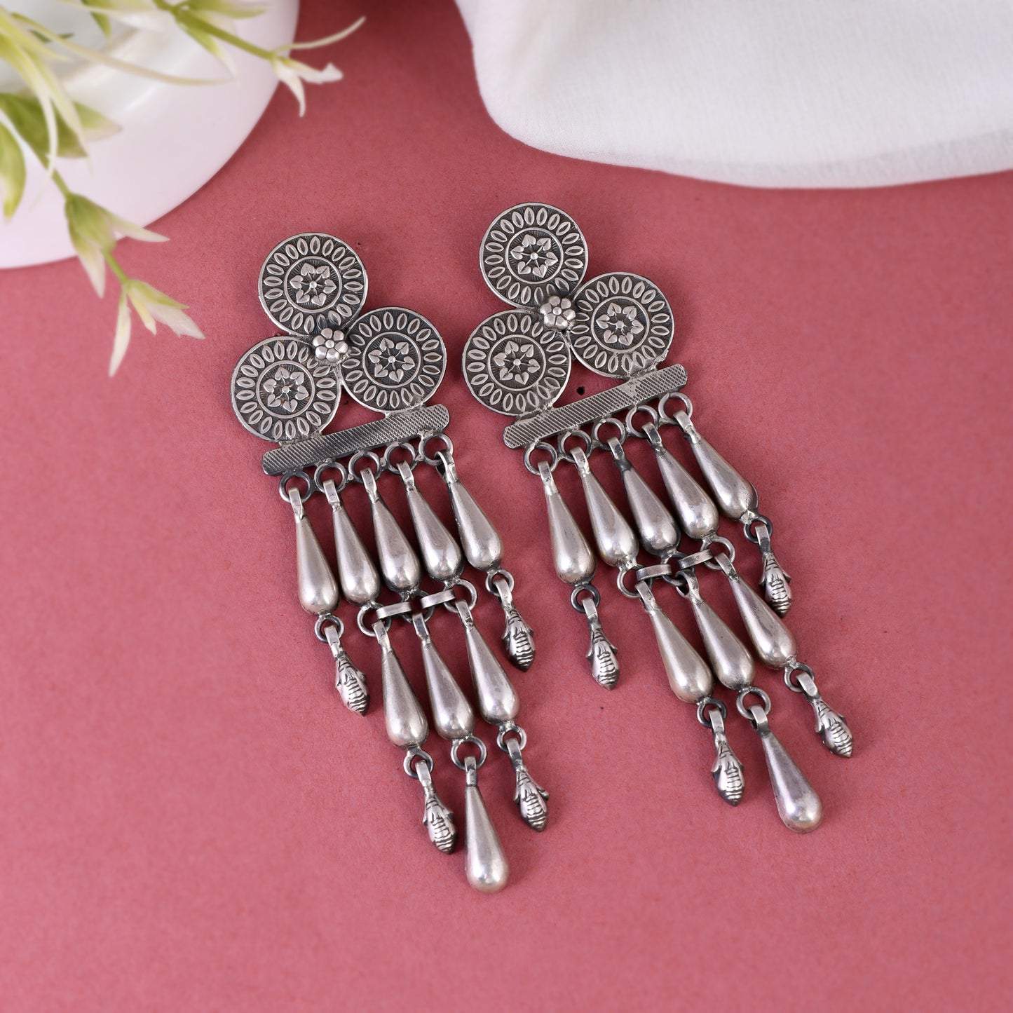 Silver Stacked Mandala Drop Chime Earrings