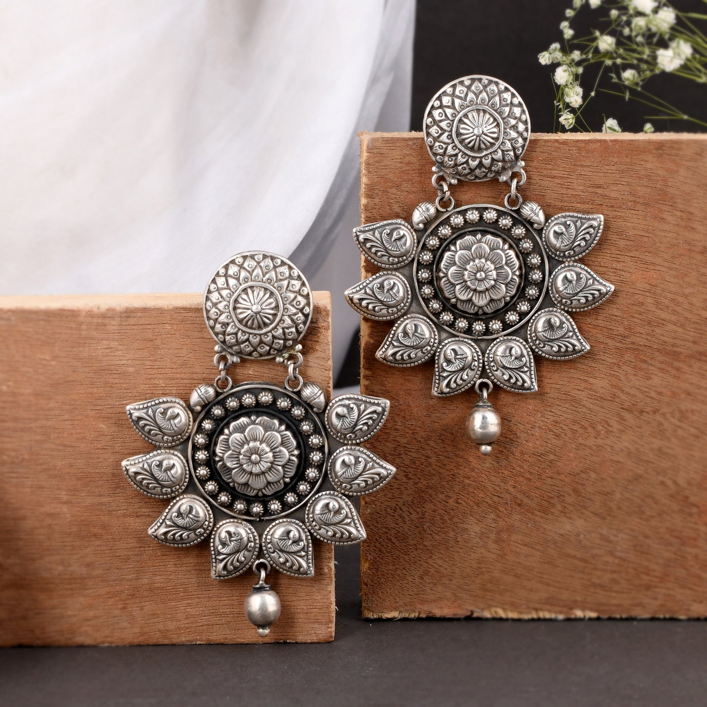 Silver Boho Blossom Mandala Earrings