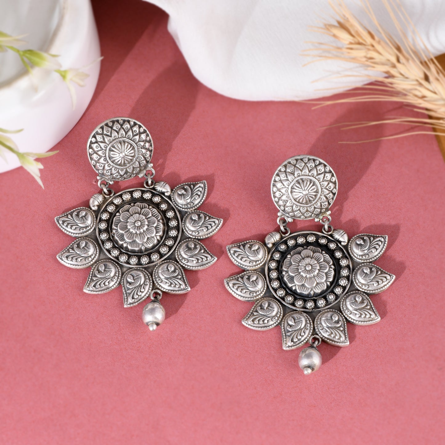 Silver Boho Blossom Mandala Earrings