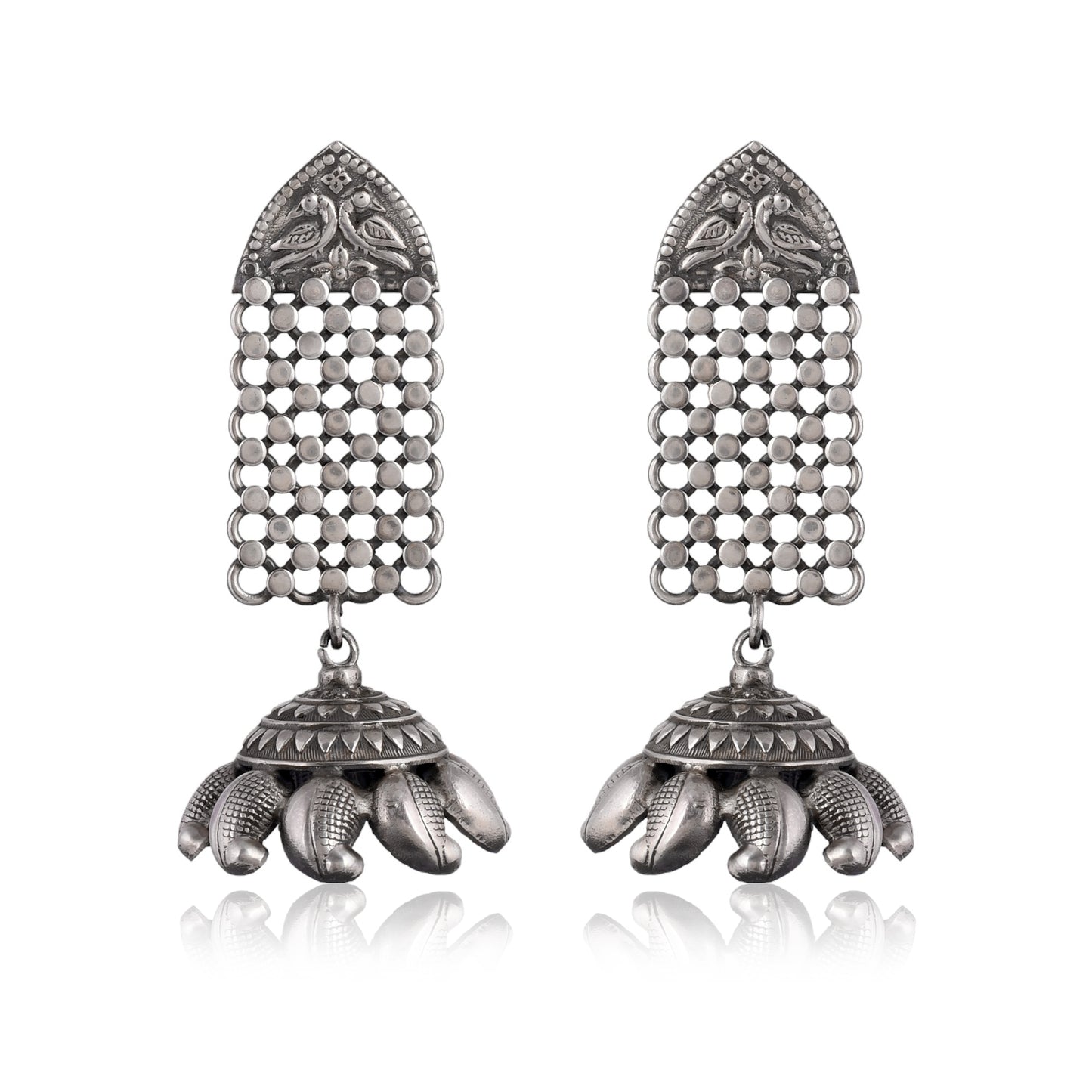 Silver Filigree Mesh Dome Tassel Earrings