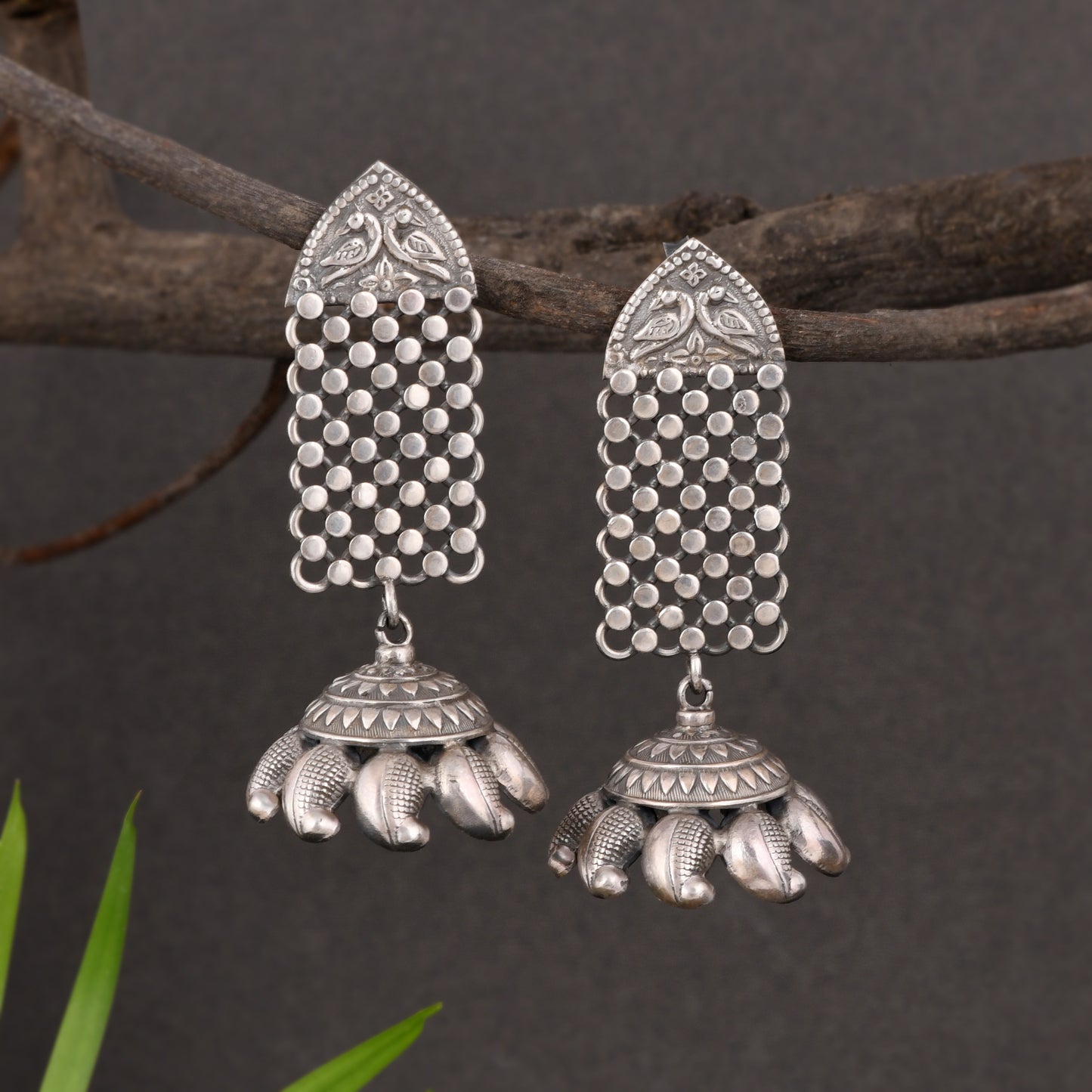 Silver Filigree Mesh Dome Tassel Earrings