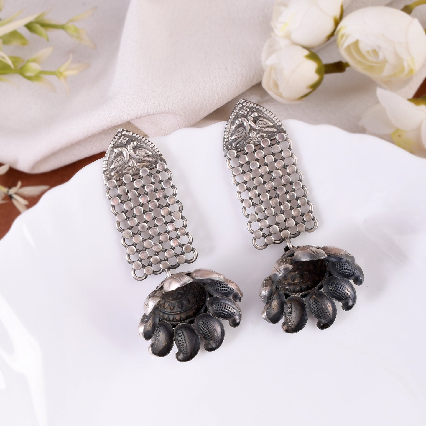 Silver Filigree Mesh Dome Tassel Earrings