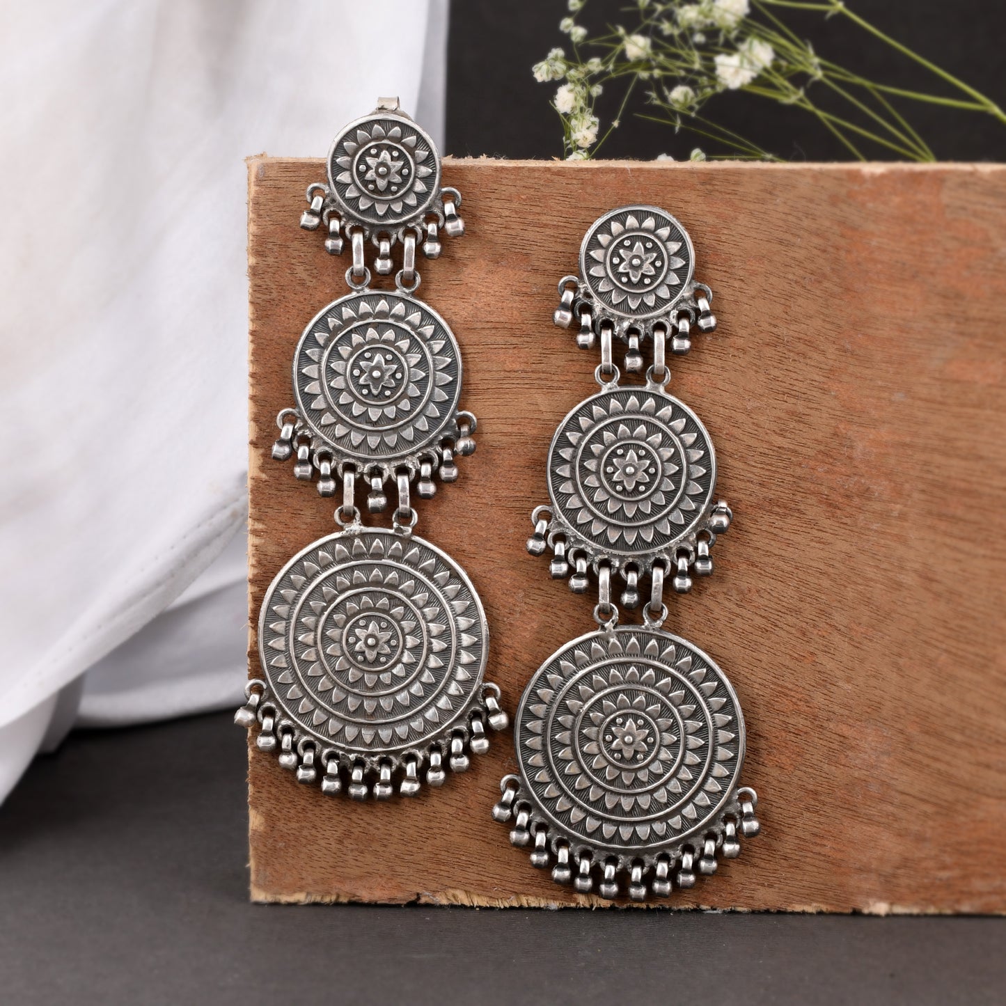 Silver Mandala Taal Trio Earrings