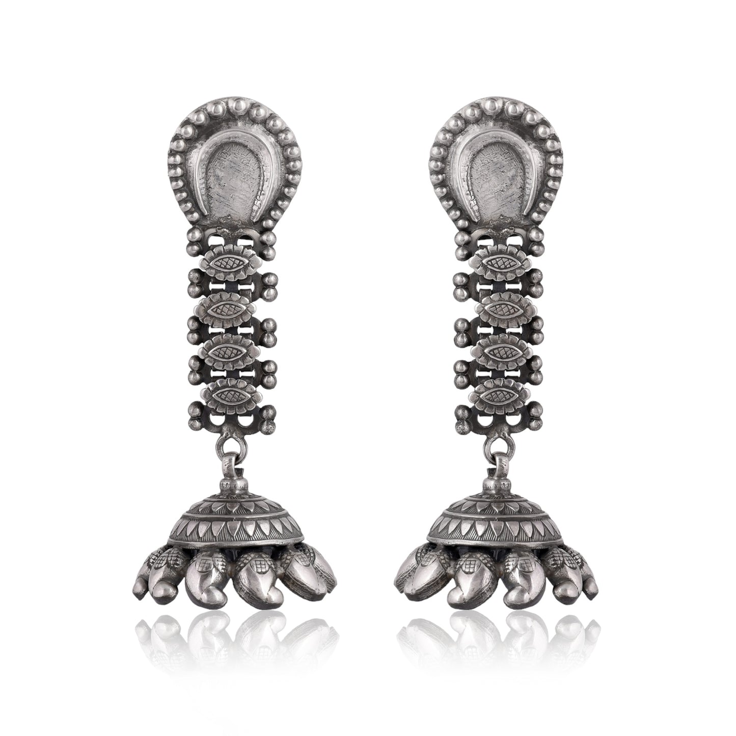 Silver Crescent Floral Bouquet Jhumka Earrings