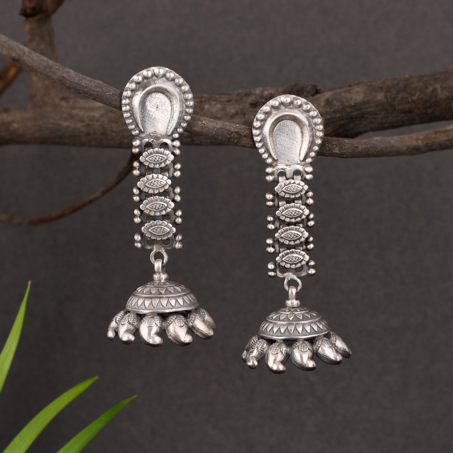 Silver Crescent Floral Bouquet Jhumka Earrings