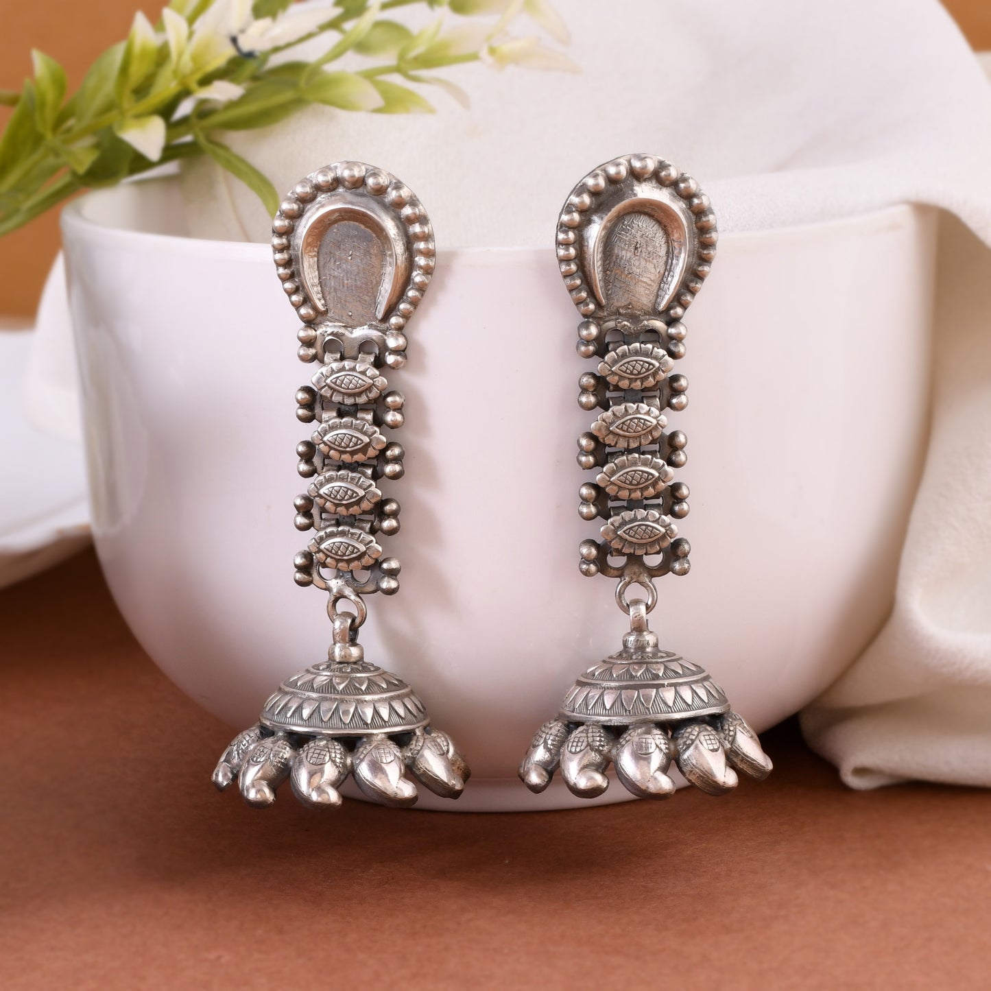 Silver Crescent Floral Bouquet Jhumka Earrings