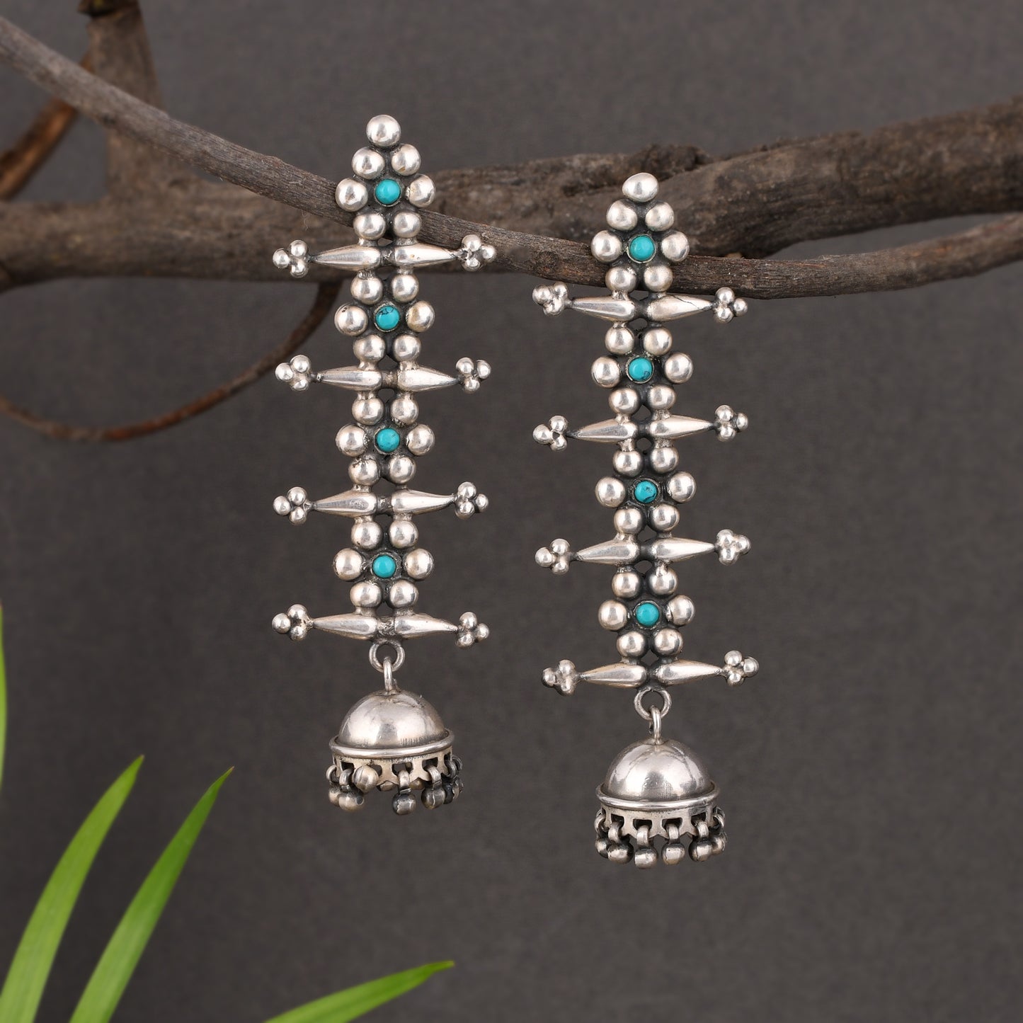 Silver Daisy Flower Turquoise Chime Earrings