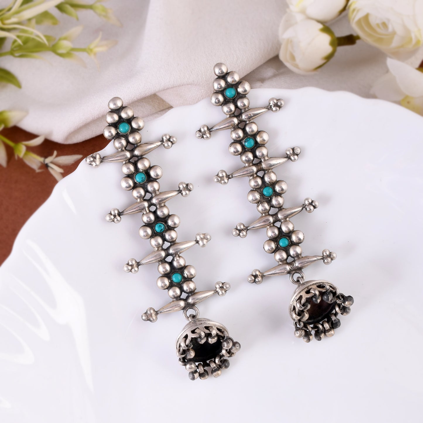 Silver Daisy Flower Turquoise Chime Earrings