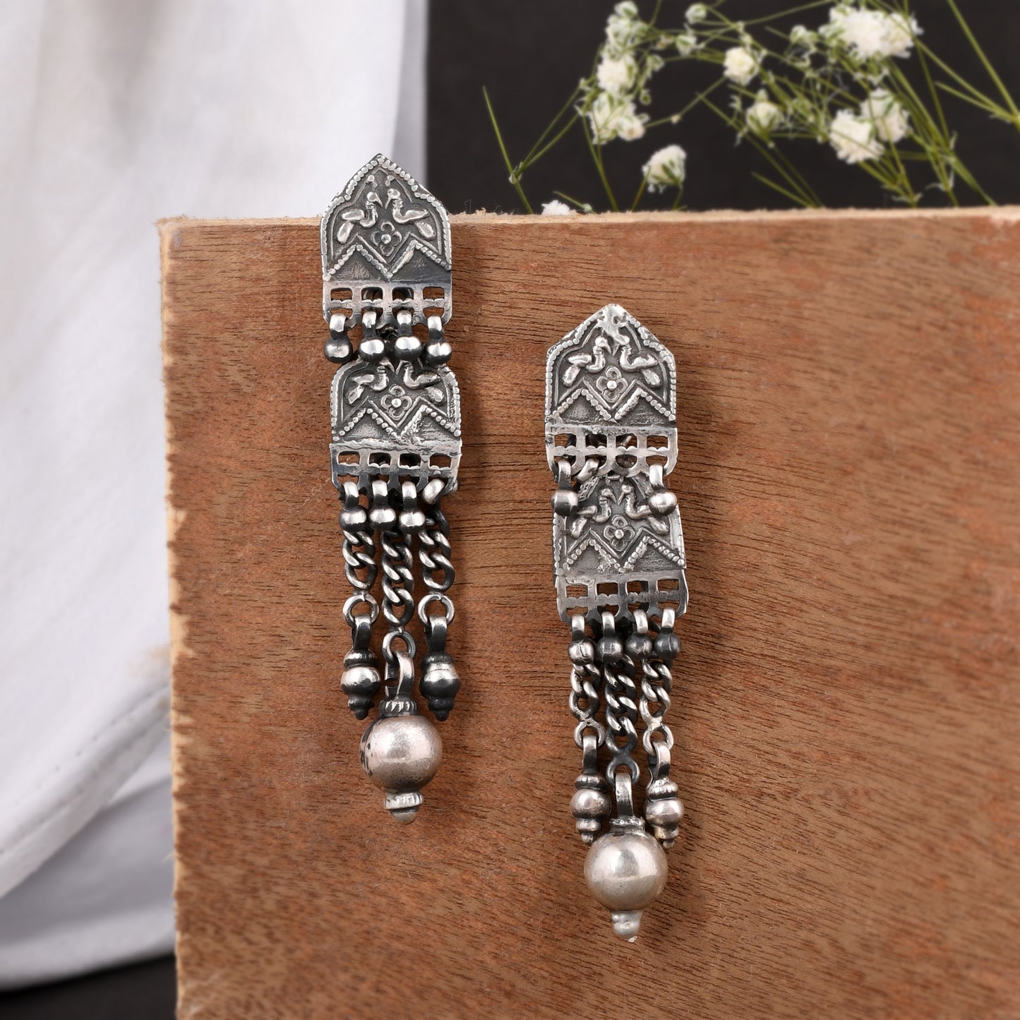Silver Mor Tribal Jhumka Earrings