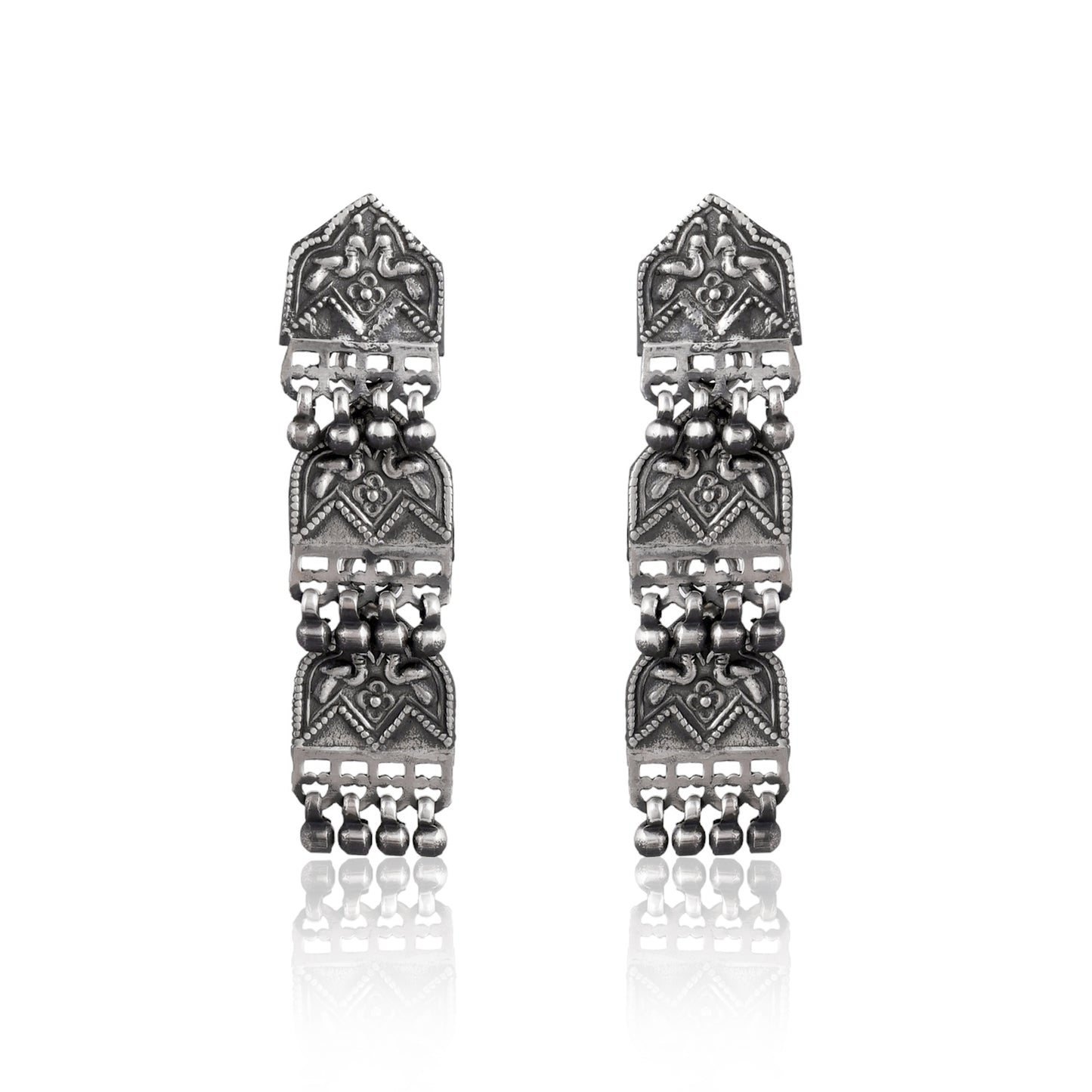 Silver Peacock And Bells Link Jhumka Earring