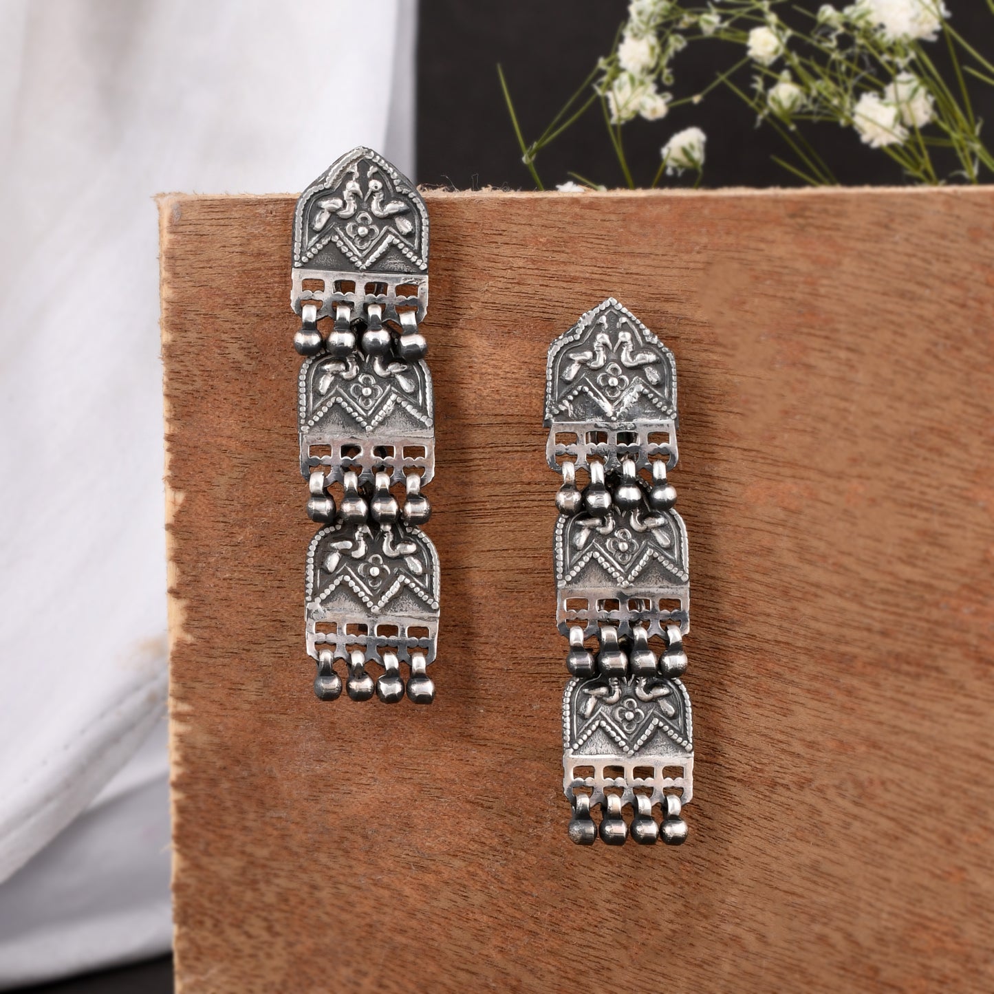 Silver Peacock And Bells Link Jhumka Earring