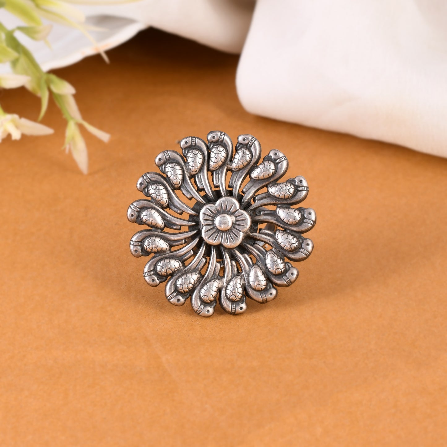 Silver Parrot Flower Ring