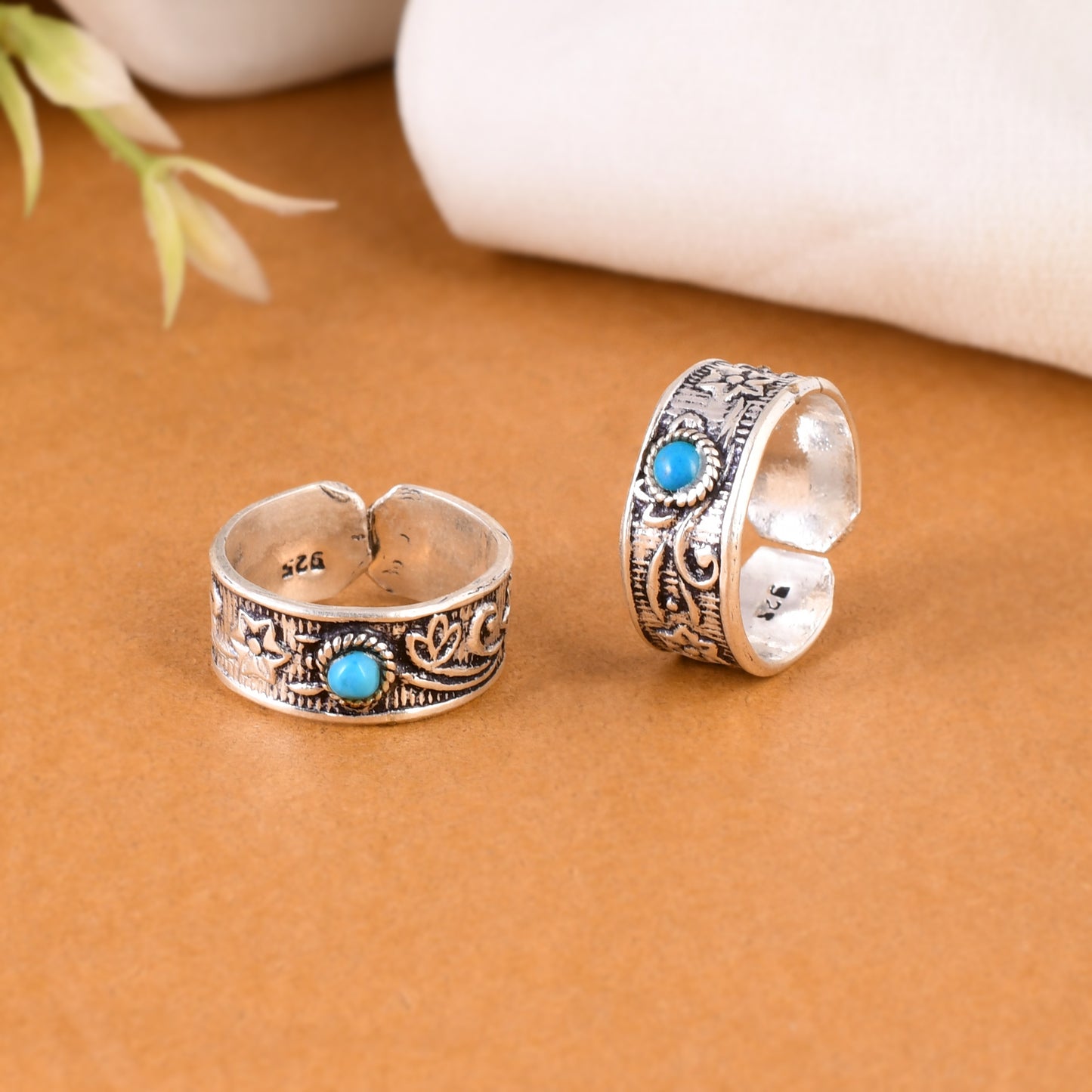 Silver Turquoise Floral Band Ring