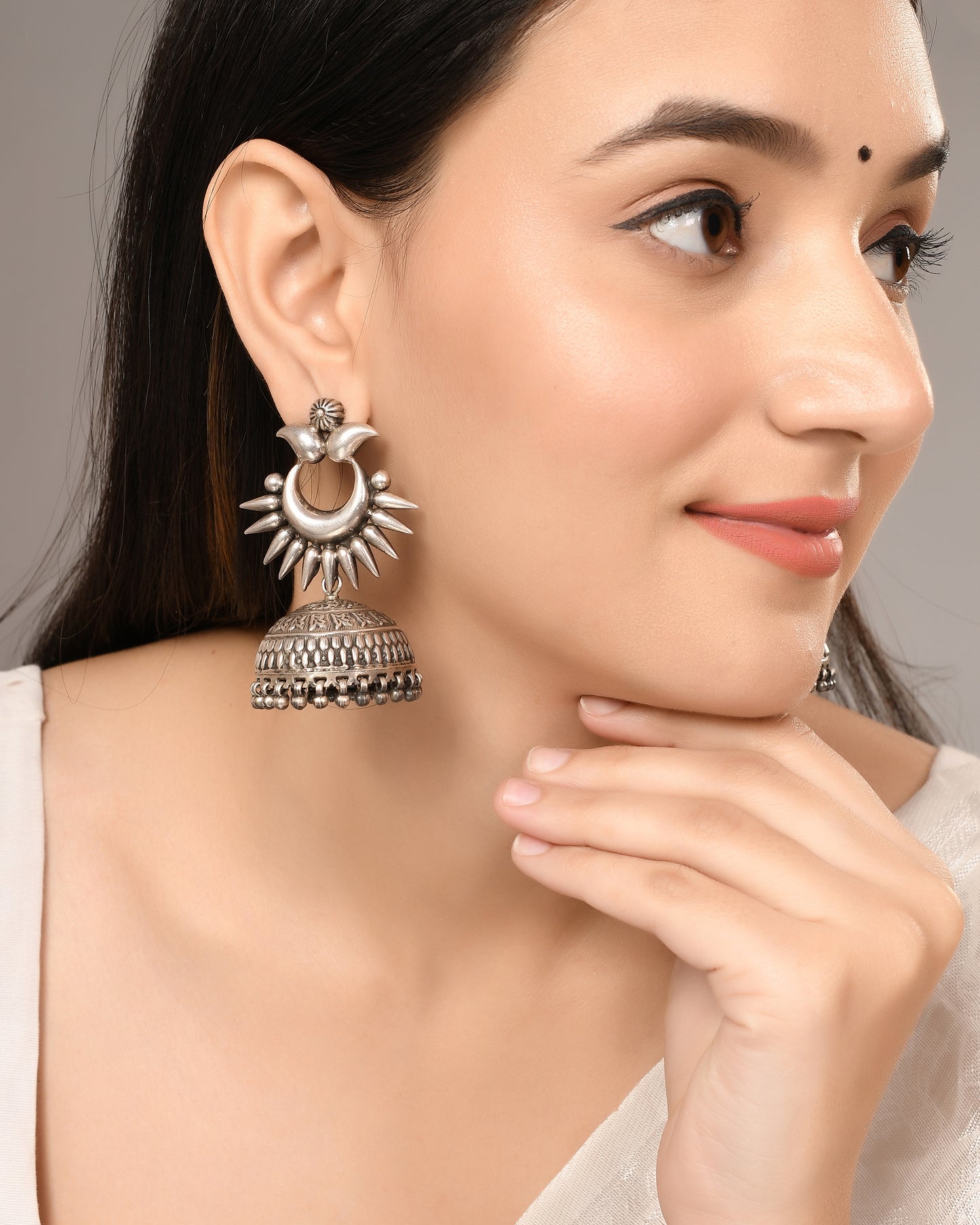 Silver Crescent Jhumka Earrings