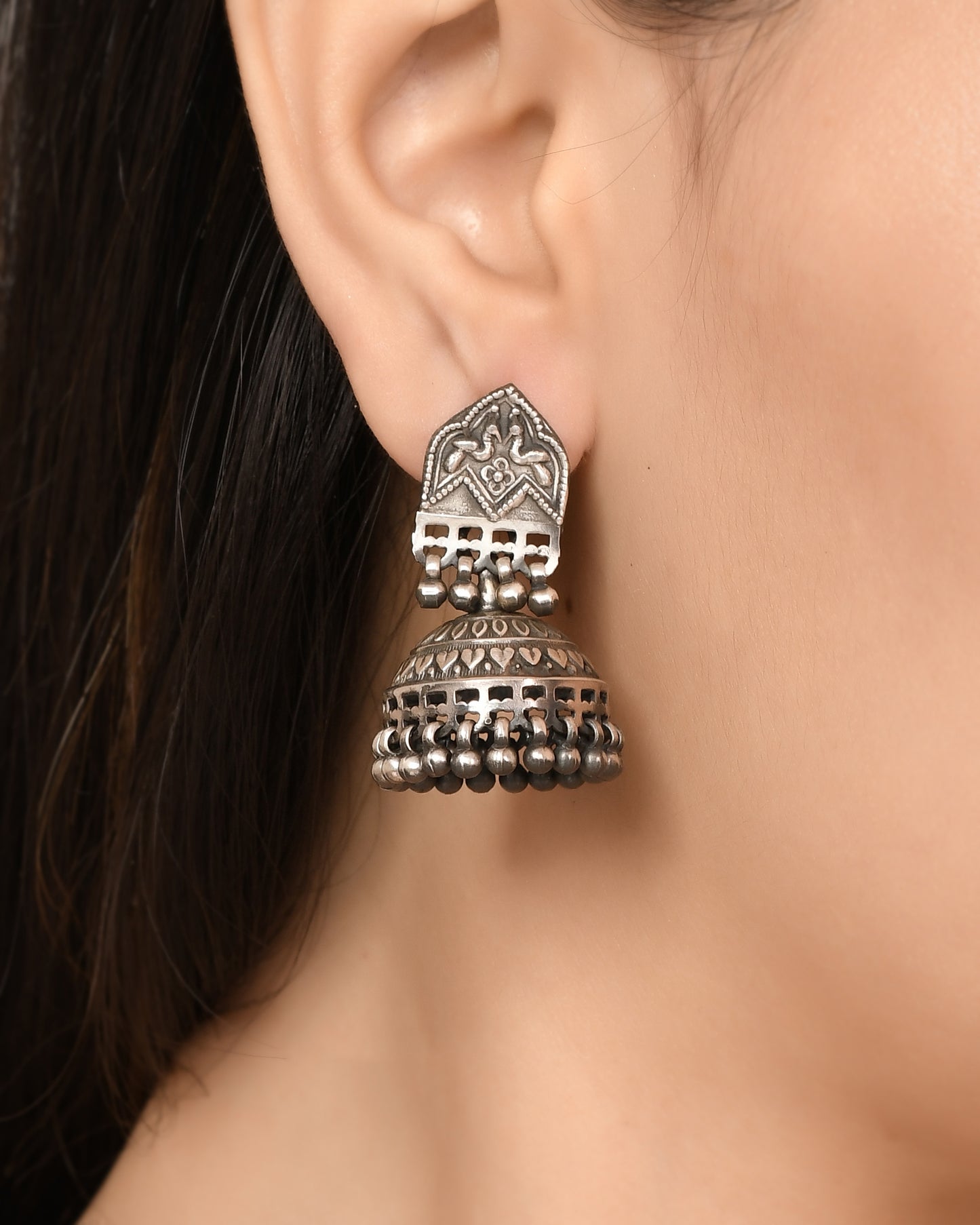 Silver Elegant Peacock Jhumka Earrings