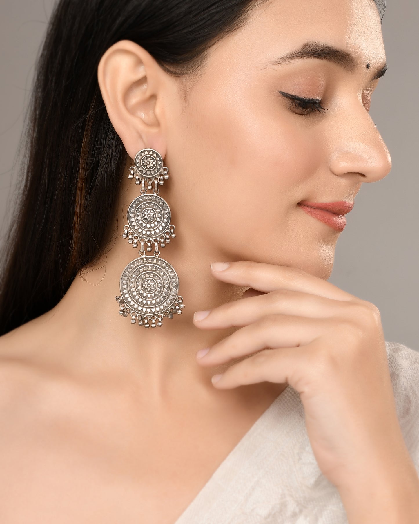 Silver Mandala Taal Trio Earrings