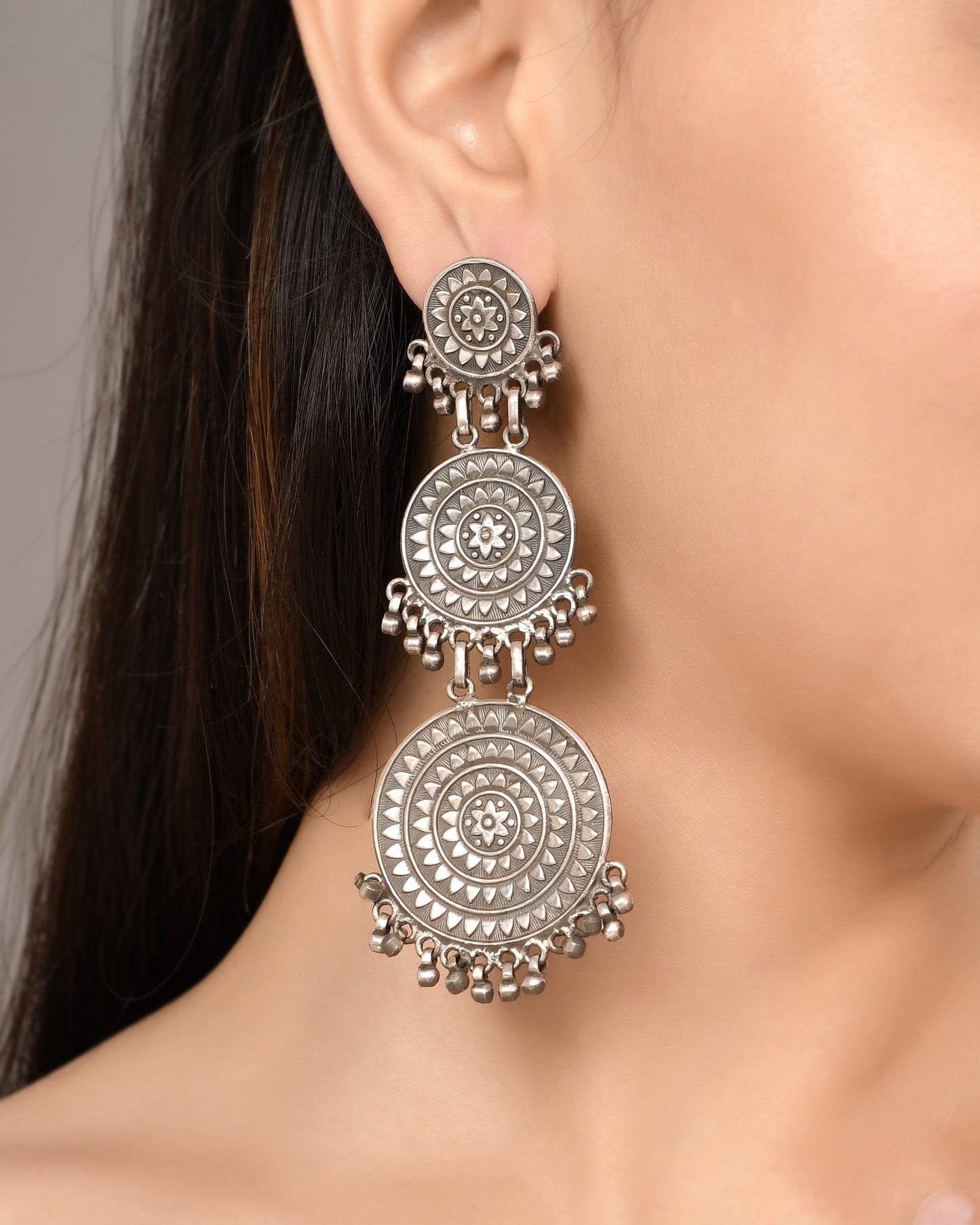Silver Mandala Taal Trio Earrings