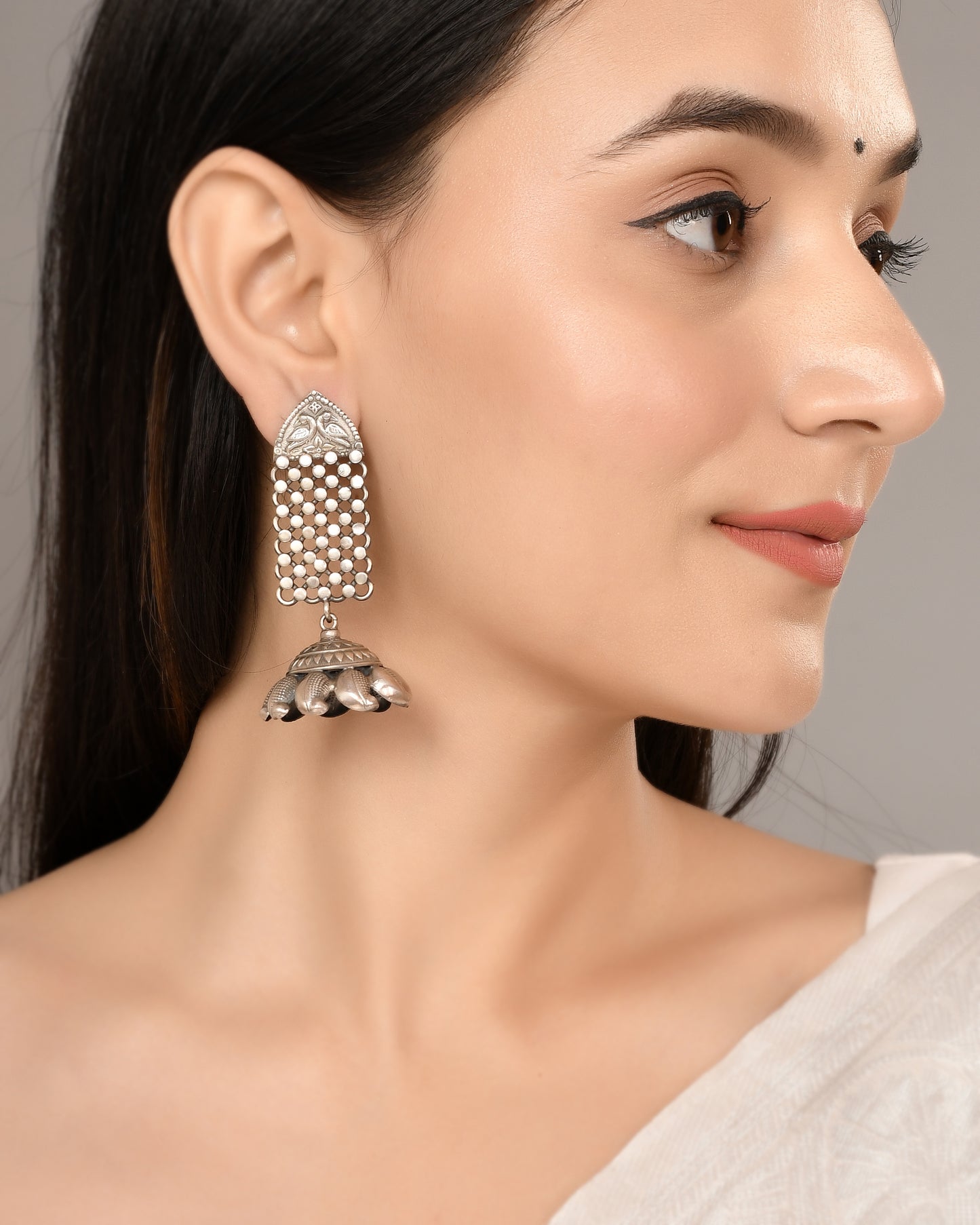 Silver Filigree Mesh Dome Tassel Earrings