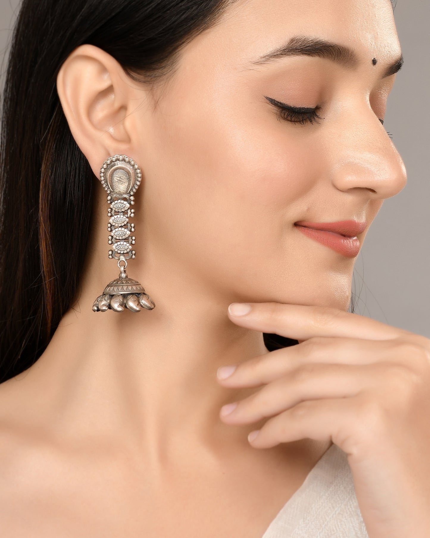 Silver Crescent Floral Bouquet Jhumka Earrings
