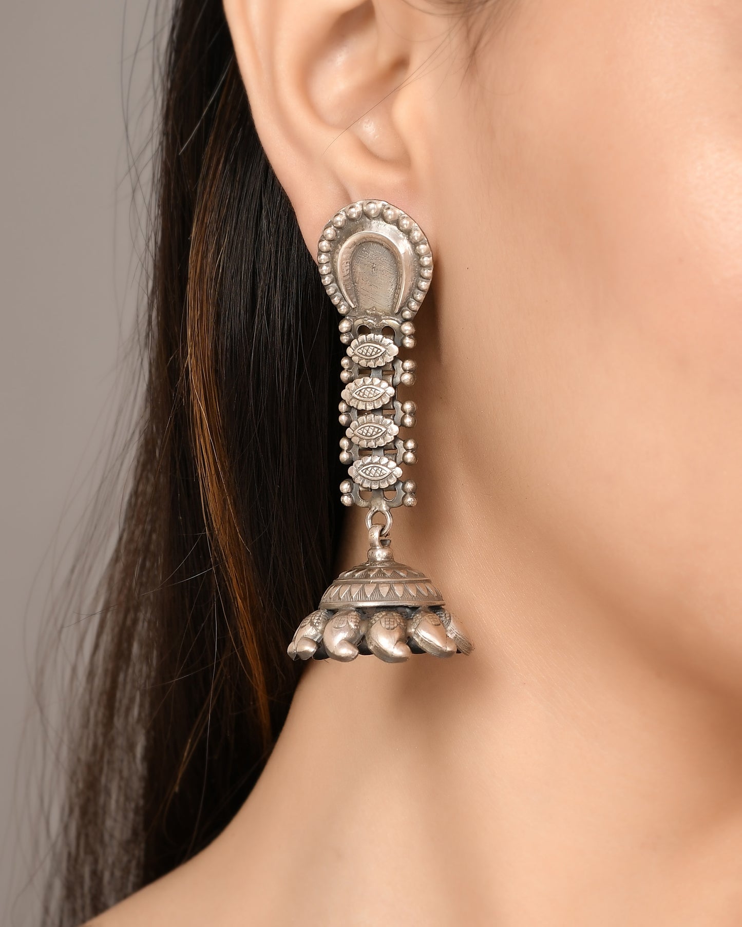 Silver Crescent Floral Bouquet Jhumka Earrings