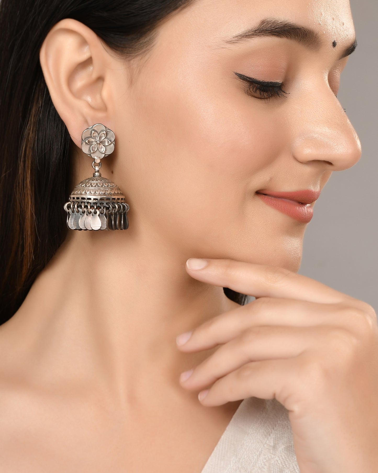 Silver Dazzling Lotus Flower Jhumka Earrings