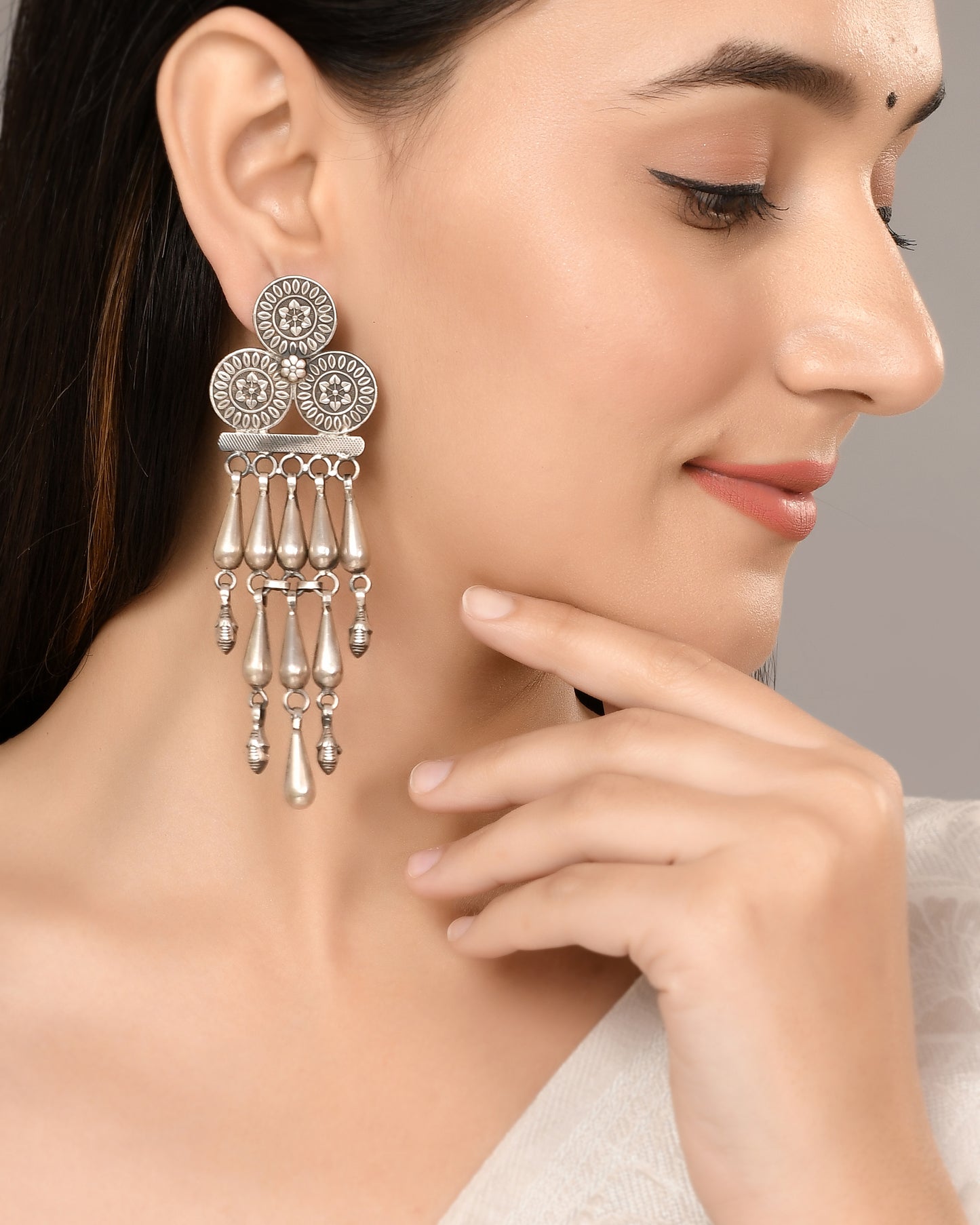 Silver Stacked Mandala Drop Chime Earrings