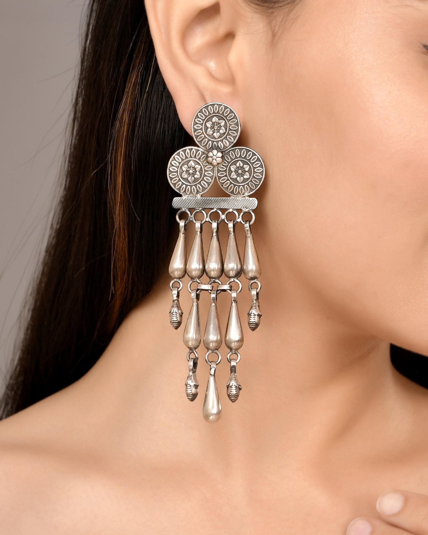 Silver Stacked Mandala Drop Chime Earrings