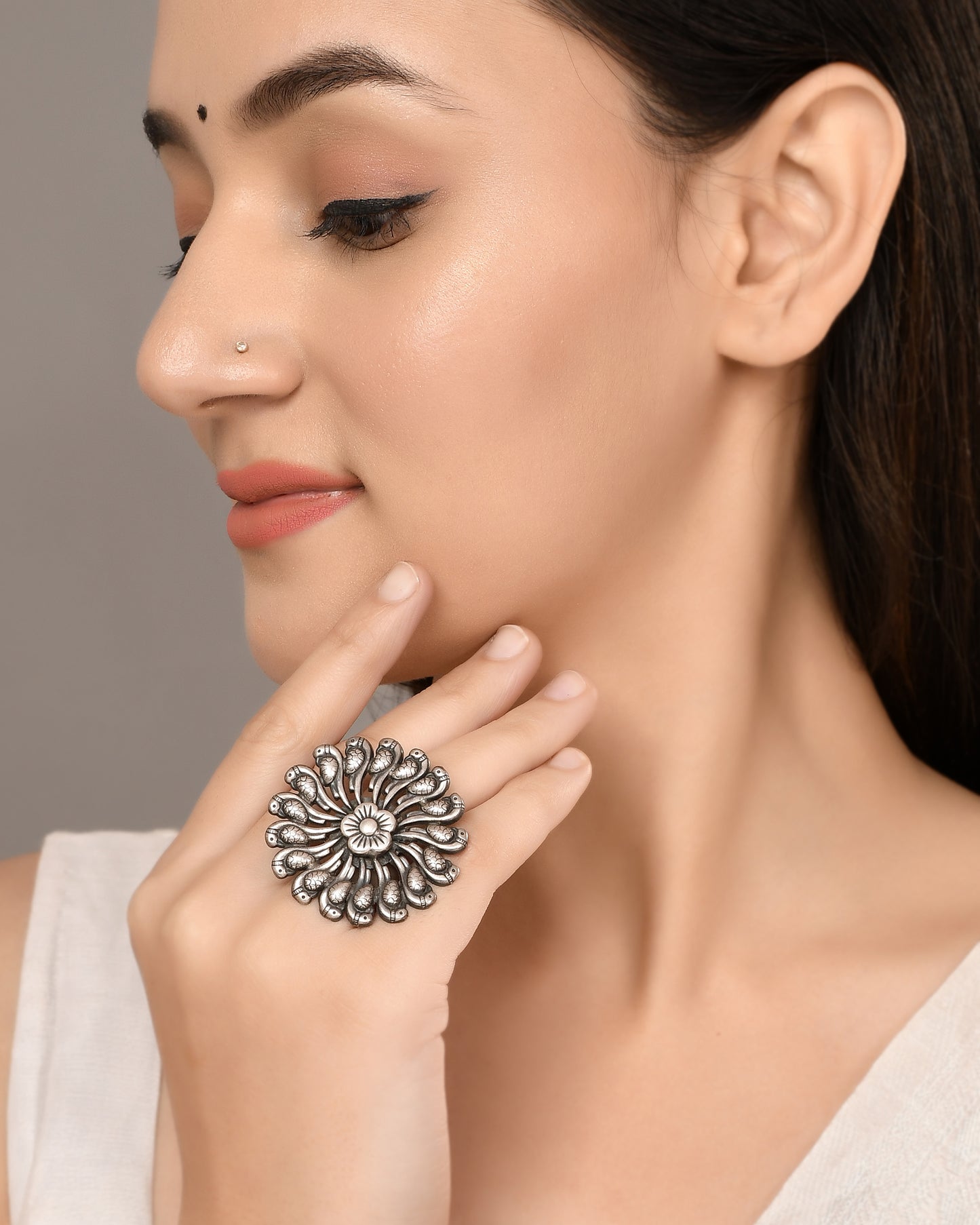 Silver Parrot Flower Ring
