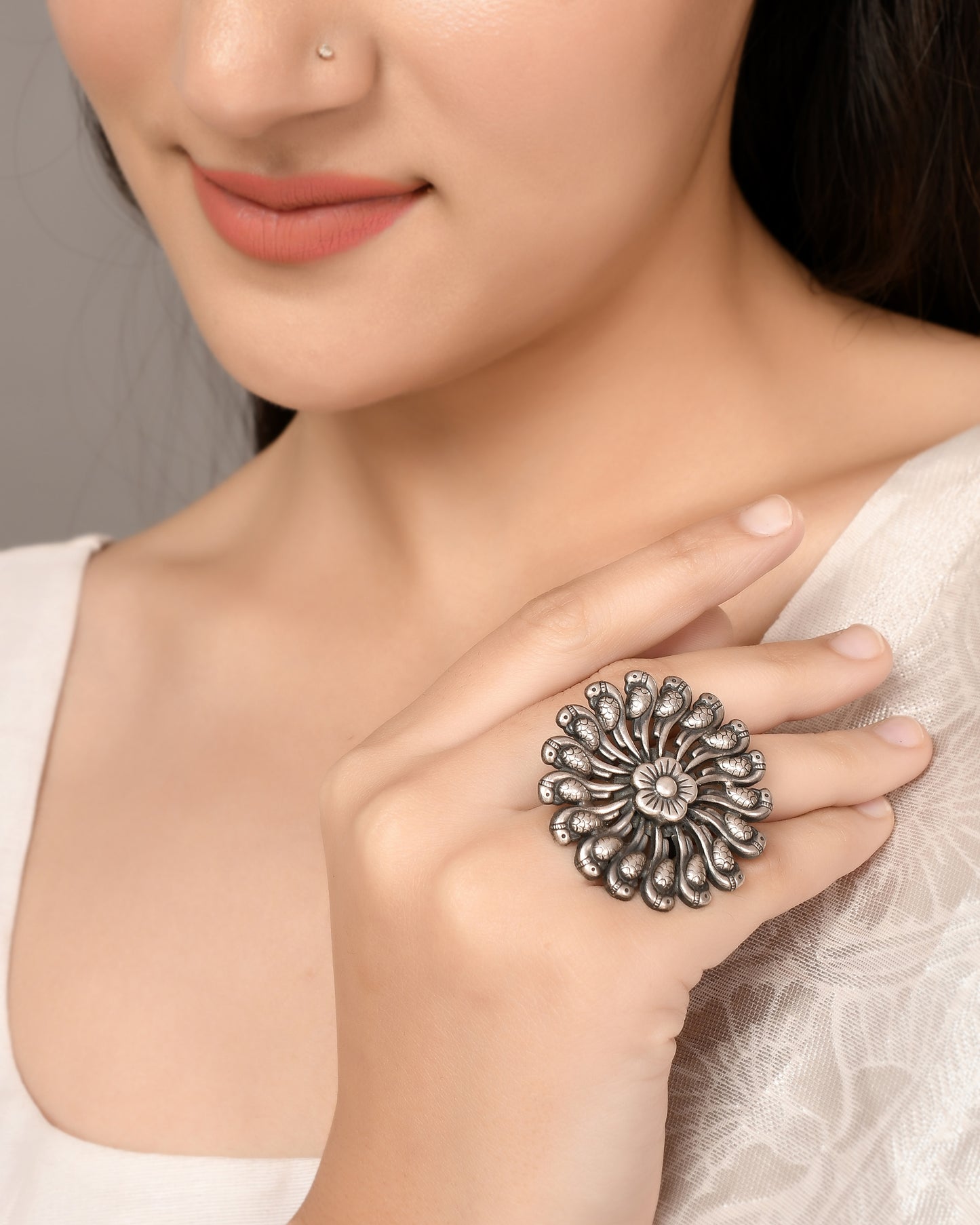 Silver Parrot Flower Ring
