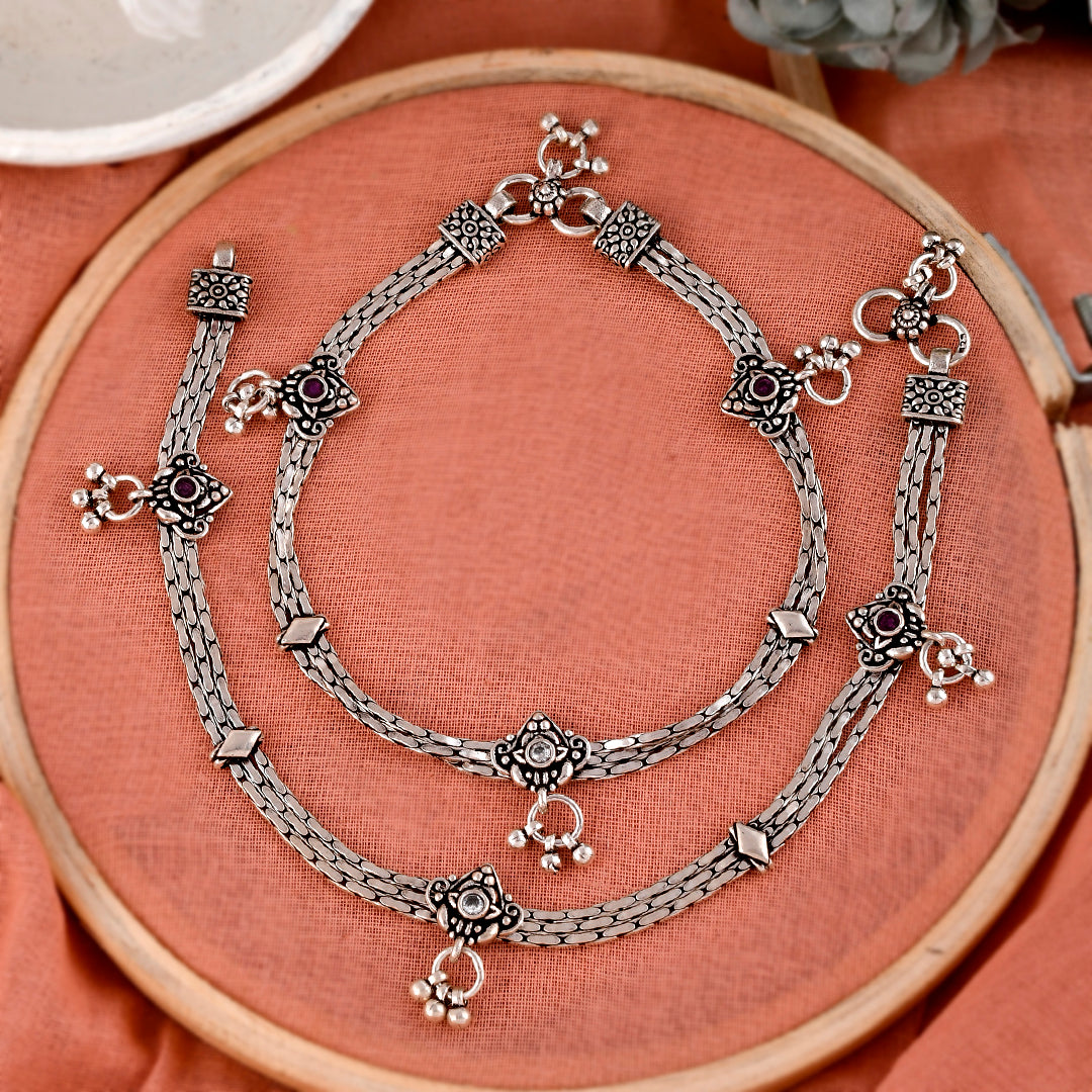 Silver Tribal Ruby And Zircon Link Chain Anklet( Pair)