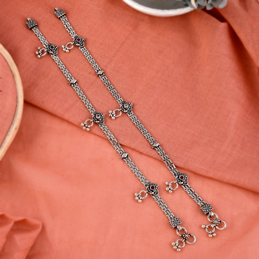 Silver Tribal Ruby And Zircon Link Chain Anklet( Pair)