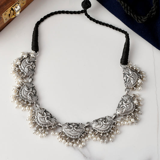 Silver Morni Choker With Punch Of Pearls