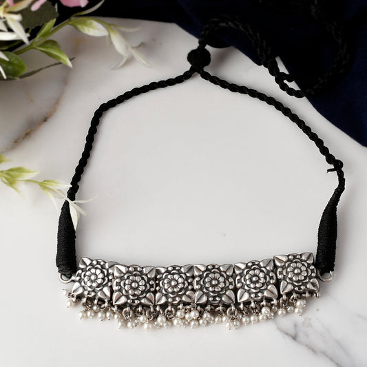 Silver Square Floral Choker Necklace