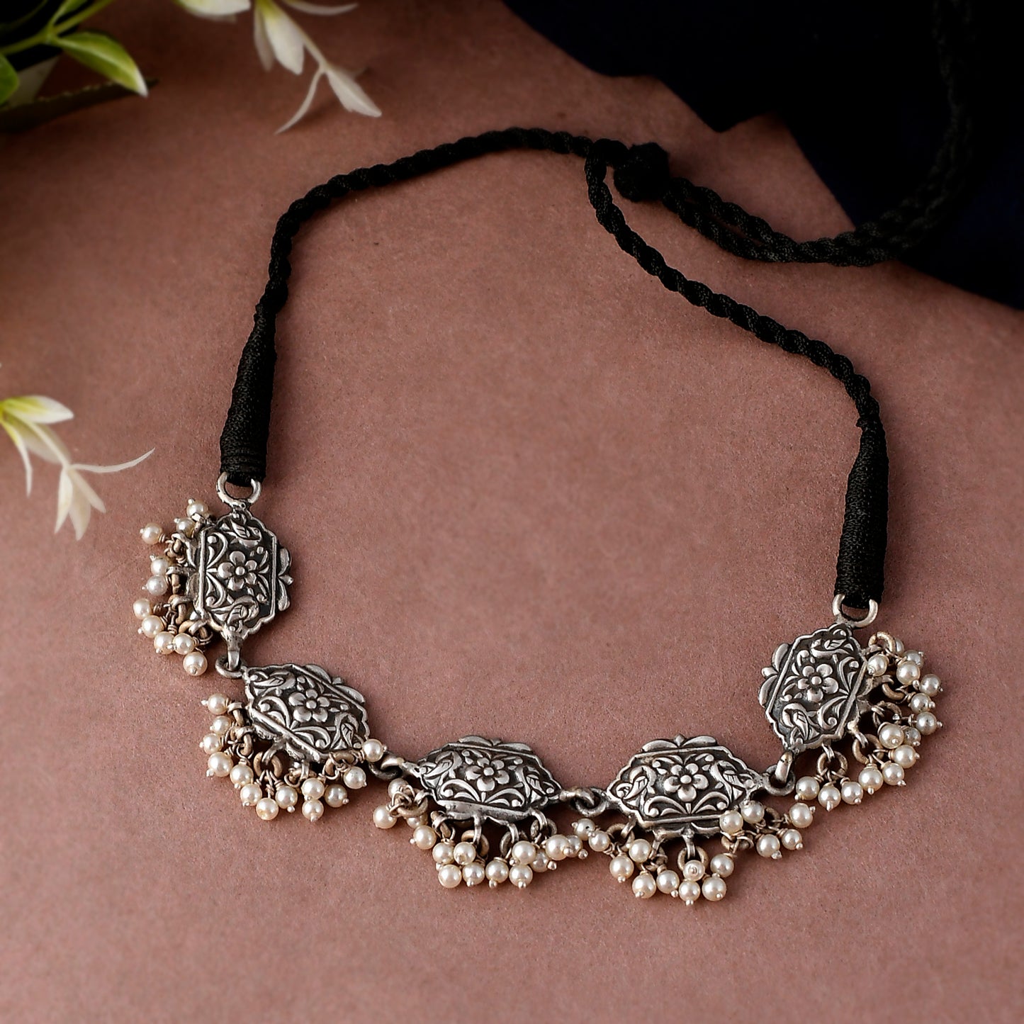 Silver Mandala With Pearl Bunch Choker/Necklace