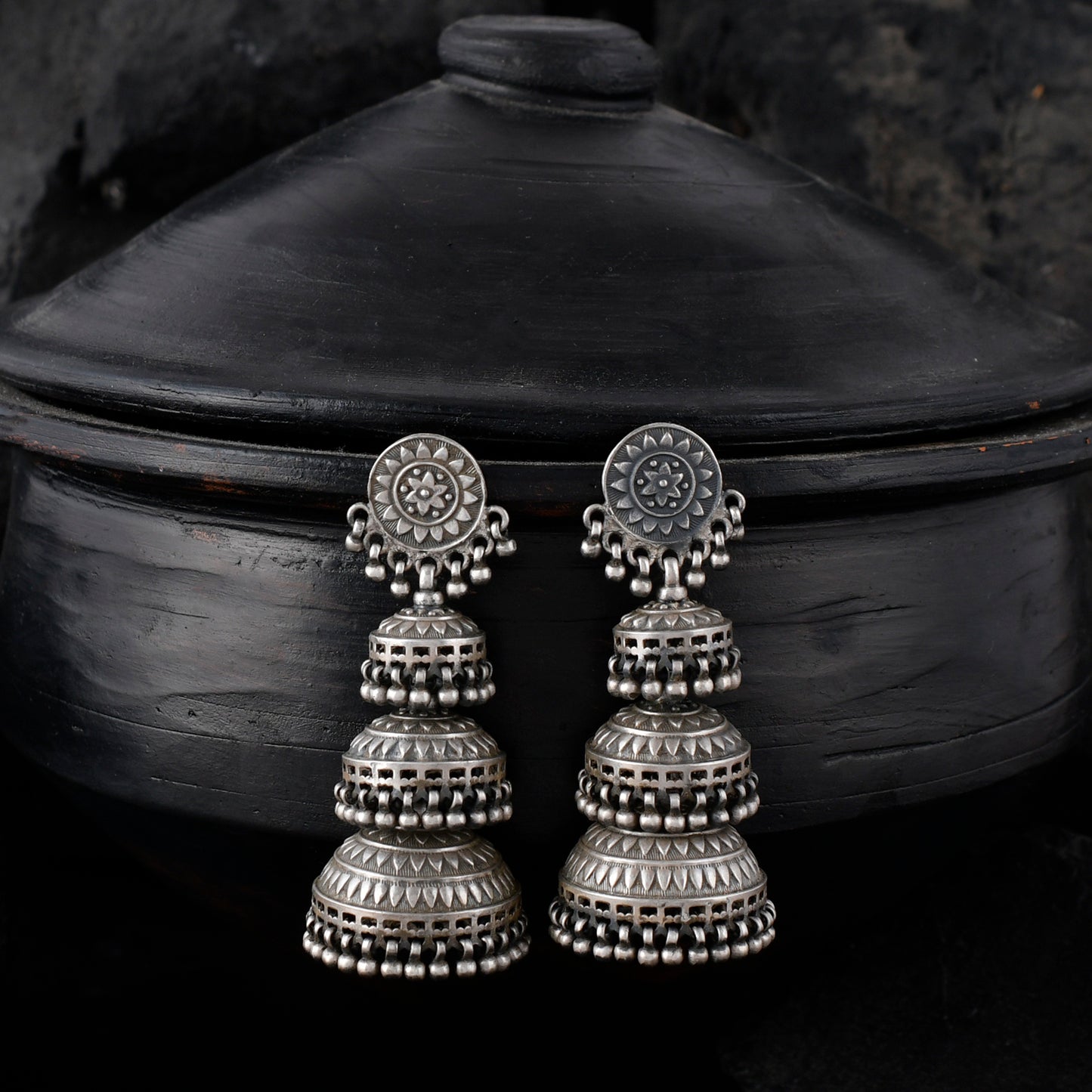 Silver Mandala Dome Chime Bell Earrings