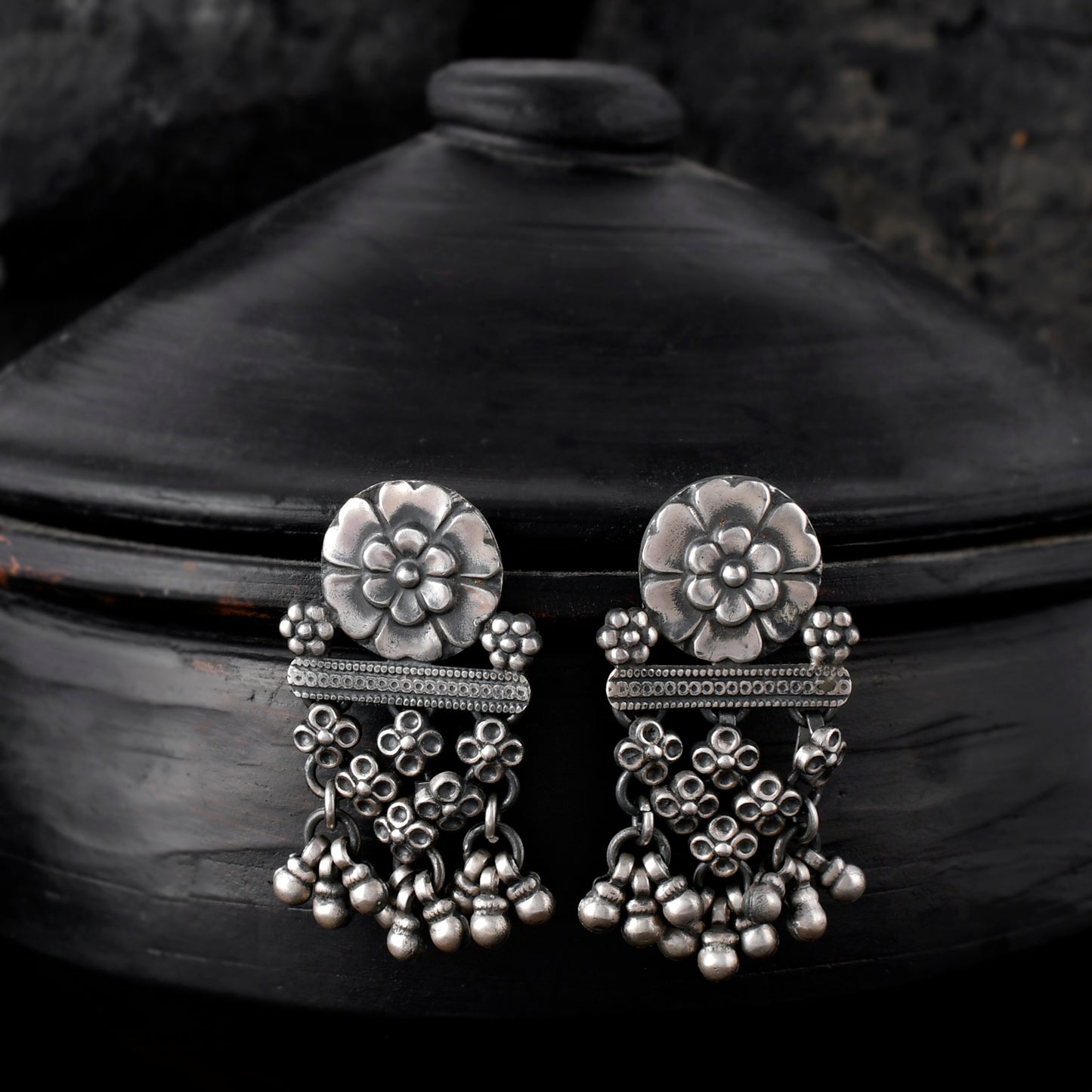 Ethnic Silver Petal Jhumka Earrings