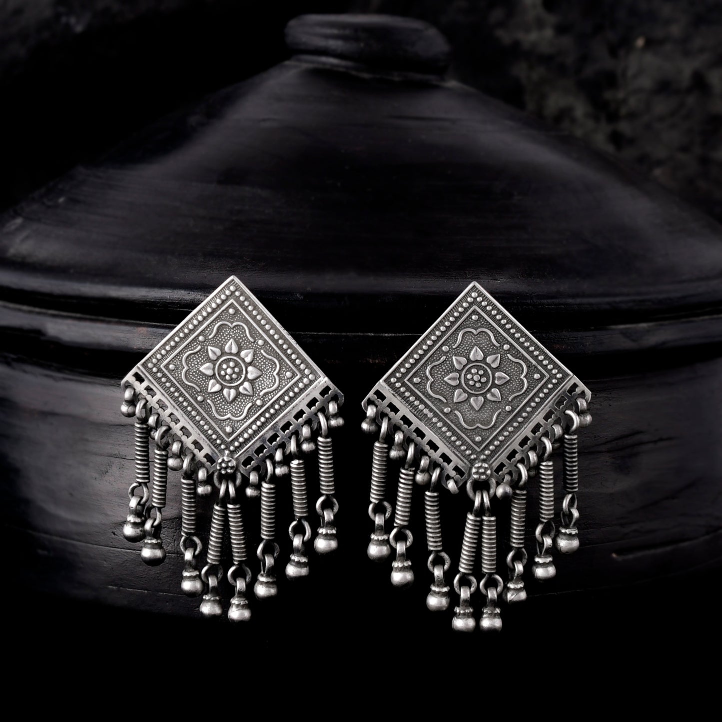 Silver Floral Square Chime Jhumka Earrings