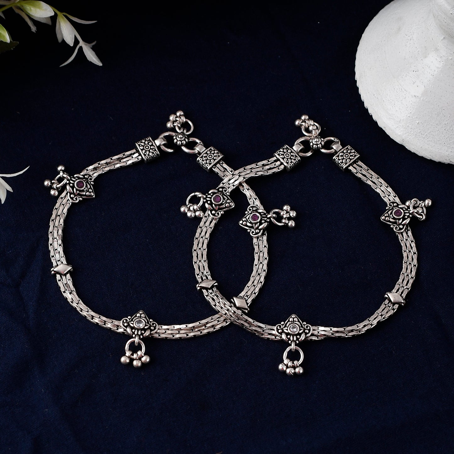 Silver Tribal Ruby And Zircon Link Chain Anklet( Pair)