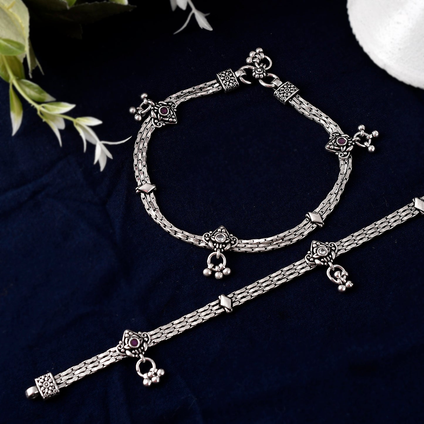 Silver Tribal Ruby And Zircon Link Chain Anklet( Pair)