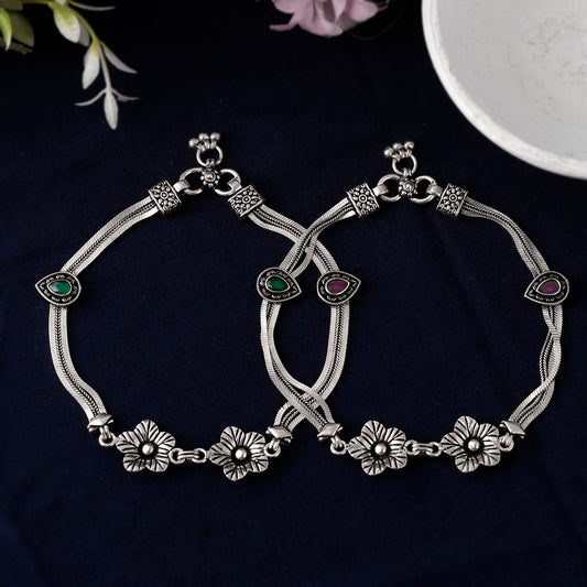 Silver Floral Blossom Anklet( Pair)