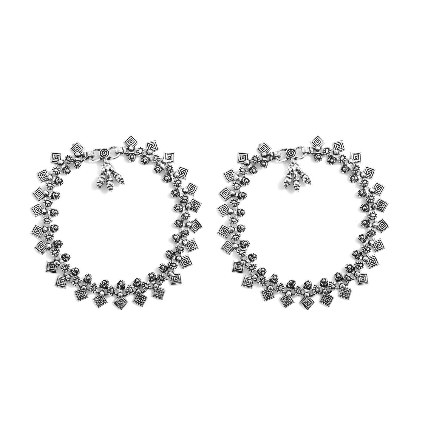 Silver Tribal Square Charm Anklet (Pair)