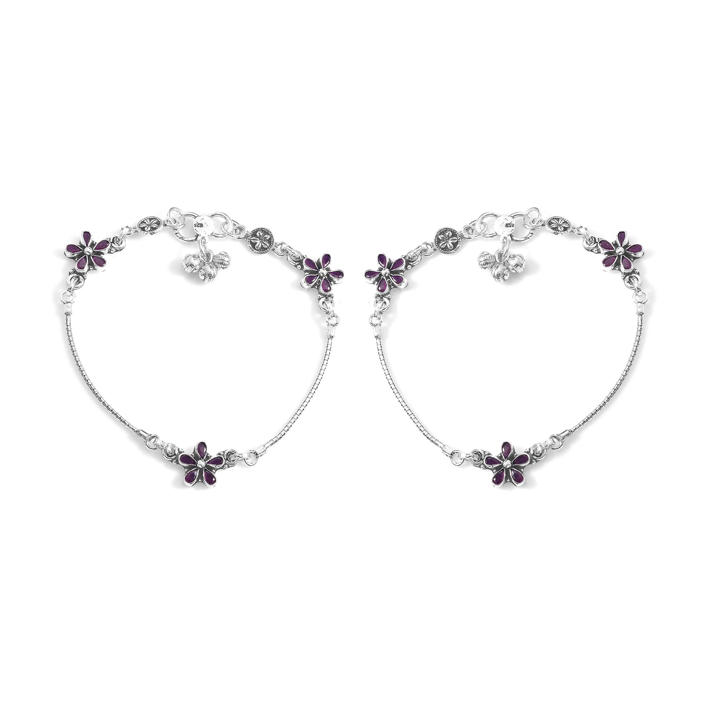 Silver Gulabi Cut Stone Phool Anklet( Pair)