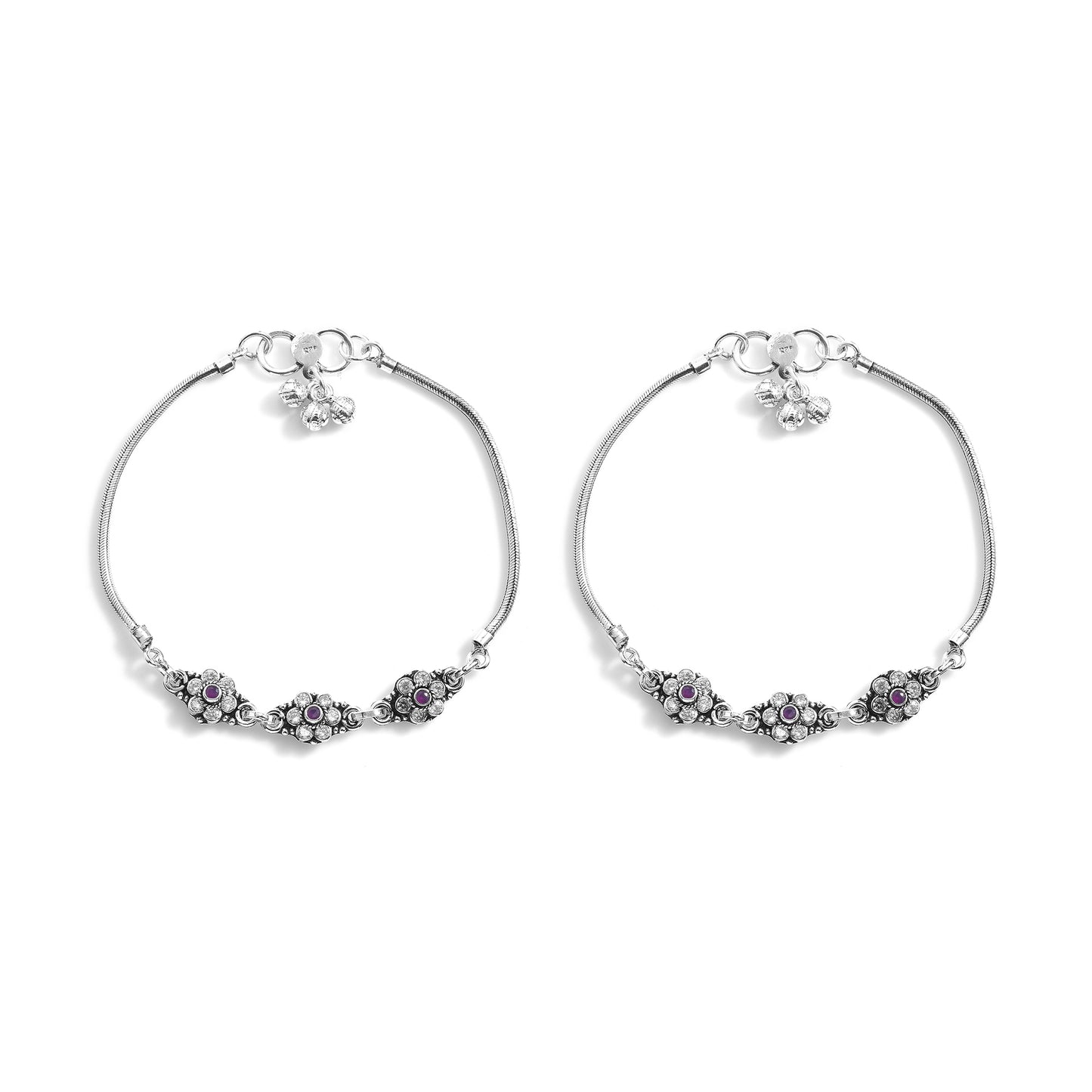 Silver Dazzling Flower Cut Stone Anklet( Pair)